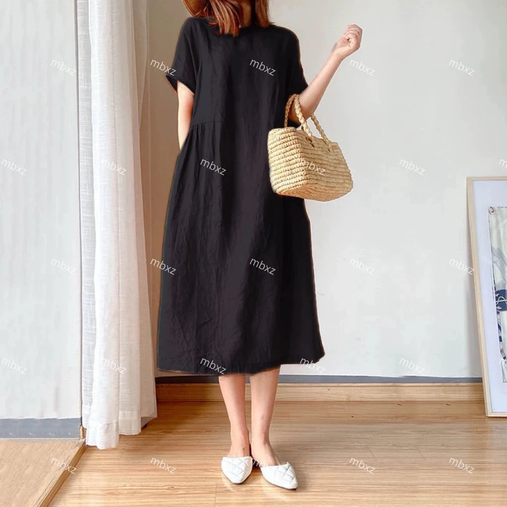 轻奢中长款宽松显瘦亚麻连衣裙深藏青女夏设计感文艺纯色裙24191