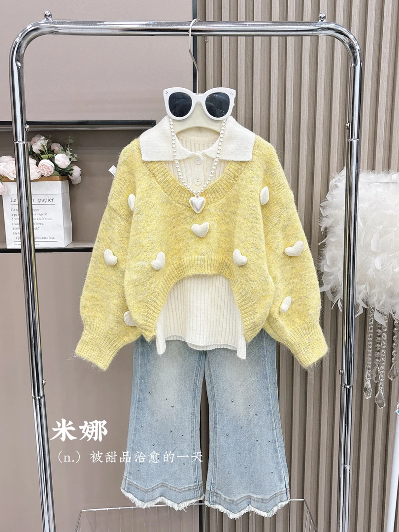 女童韩版2025秋季新款毛衣外套毛衣打底时尚牛仔裤套装2669-2