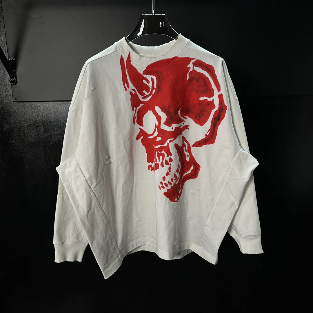 孤品专享手绘暗黑风骸骨骷髅重磅宽松蝙蝠袖水洗长袖T恤