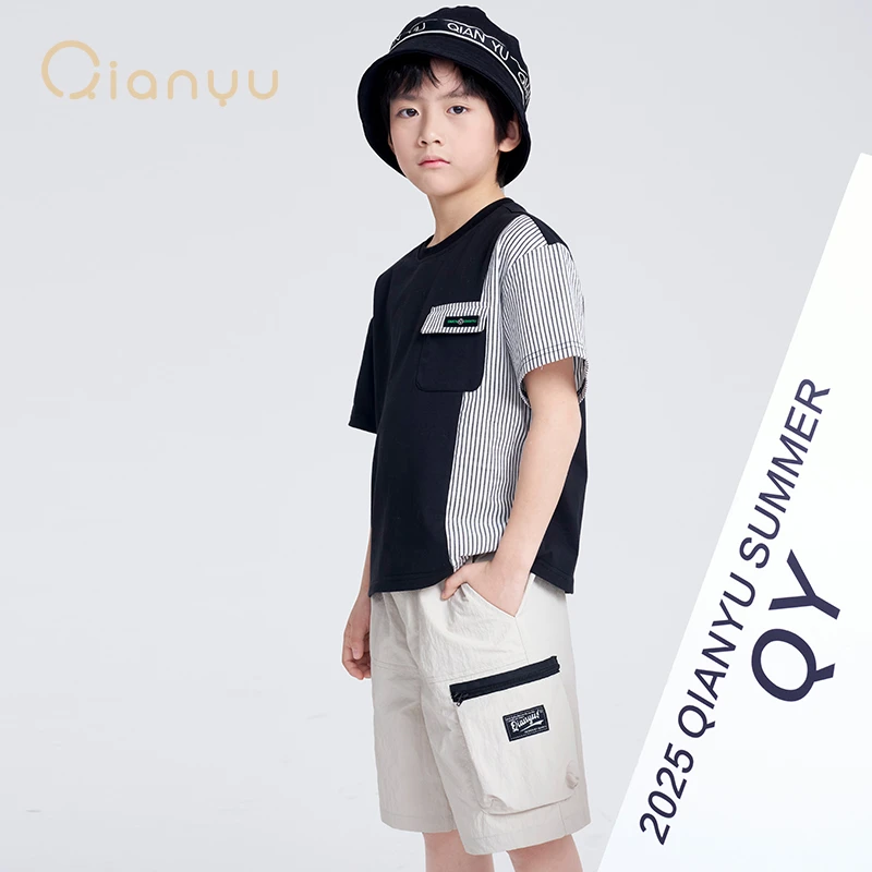 千与男童t恤6-12岁潮款夏季撞色贴袋短袖条纹洋气t恤Q32520404