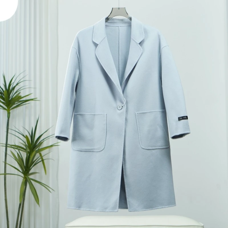 马系列  F356 女装秋冬一粒扣宽松毛呢外套蓝色