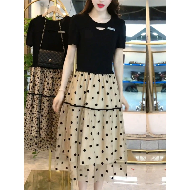 2025夏季短袖拼接假两件连衣裙气质显瘦高腰波点印花减龄遮肉女裙