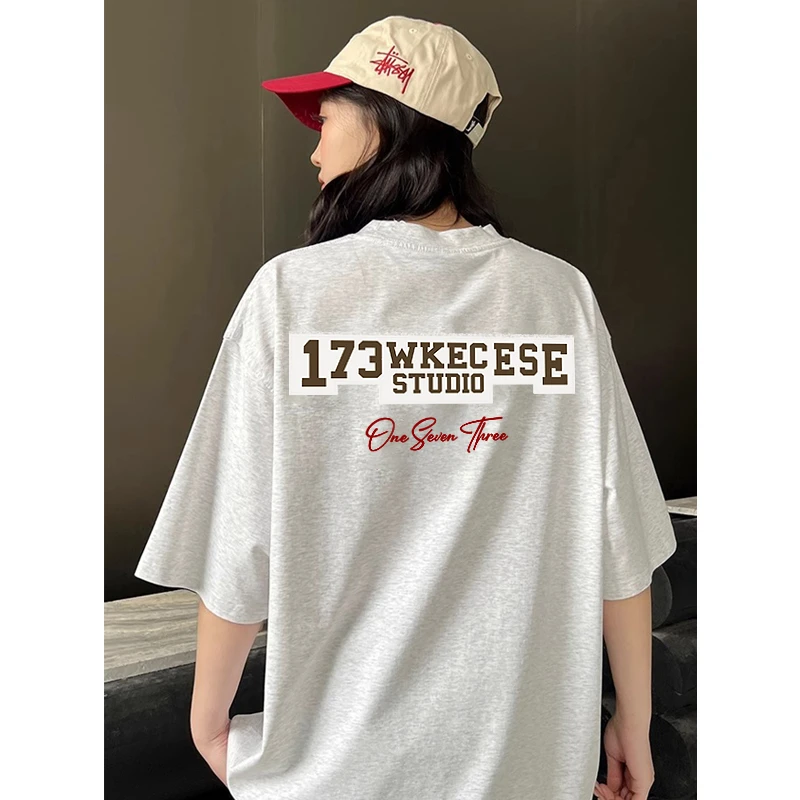 重磅双纱纯棉短袖t恤女夏季新款字母刺绣宽松圆领小众上衣