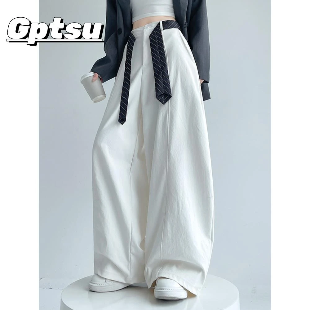 GPTSu白色高级感丝巾弯刀西装裤女春秋抗皱裤子山本阔腿拖地长裤