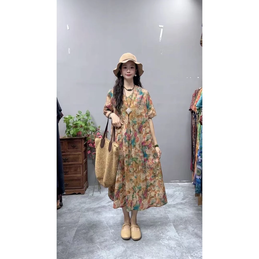 5167夏季新款清凉气质时尚复古遮肚宽松女显瘦百搭V领休闲连衣裙
