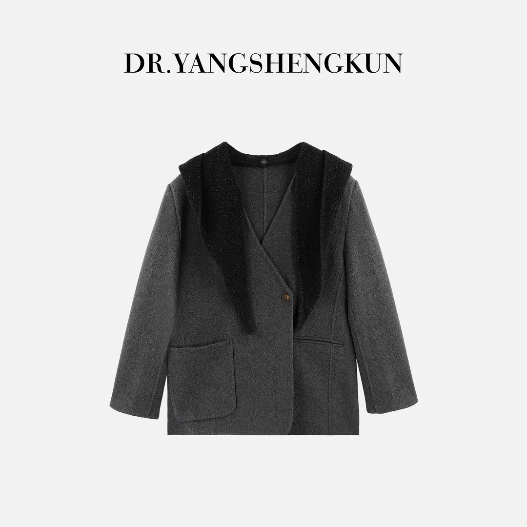 杨圣坤2025新品羊绒澳洲羊毛混纺高级感披肩连帽毛呢大衣TR259308