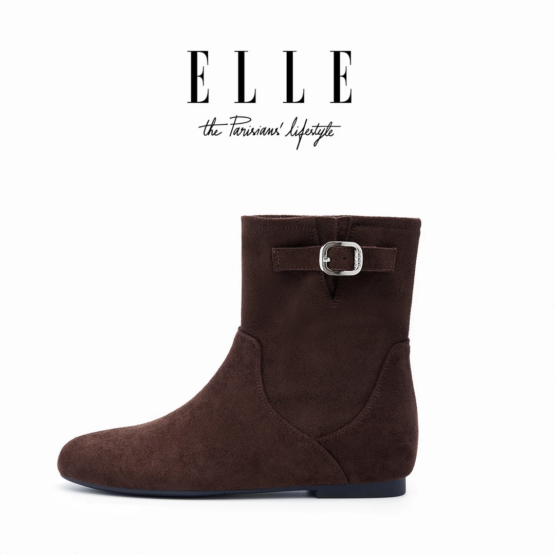 ELLE复古废土风中筒靴女2025爆款褶皱皮带扣骑士靴洋气显脚小短靴