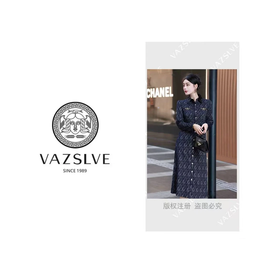 牛仔连衣裙女长袖季新款字母提花高端精致超好看长裙衬衫裙