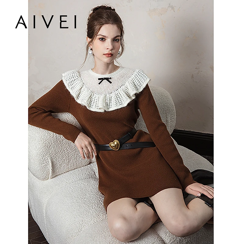 AIVEI欣贺艾薇冬季新美拉德温柔淑女荷叶边针织连衣裙R763806A