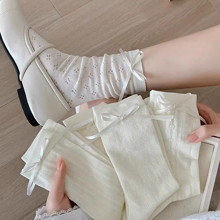 爱心镂空侧面蝴蝶结飘带少女ins风中筒袜子春夏薄款奶油色网眼袜L