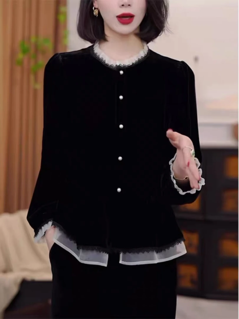 {晚清}2025新新款丝绒开衫设计款拼接小外套女士秋季气质显瘦上衣