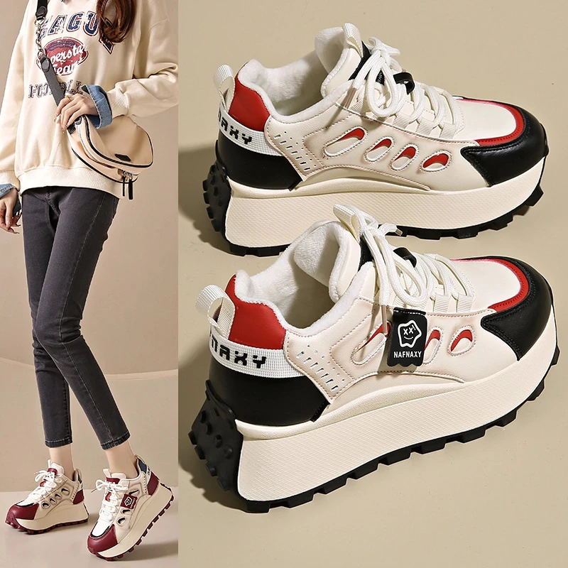 韩版爆款网红加绒休闲鞋女2025年春季新款百搭拼色厚底高帮老爹鞋