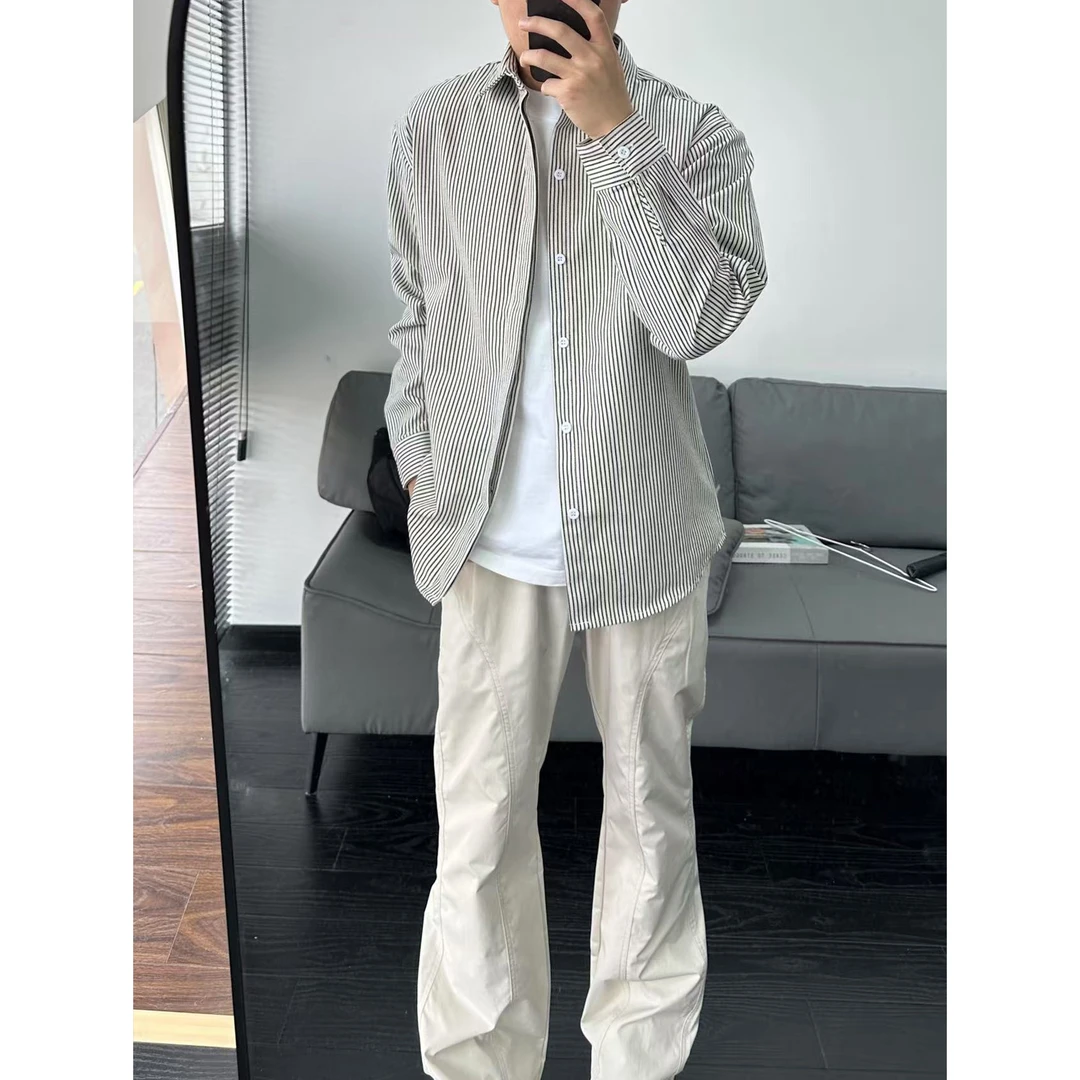 日系复古条纹衬衫男长袖秋季潮牌少年感穿搭叠穿寸衫休闲衬衣外套