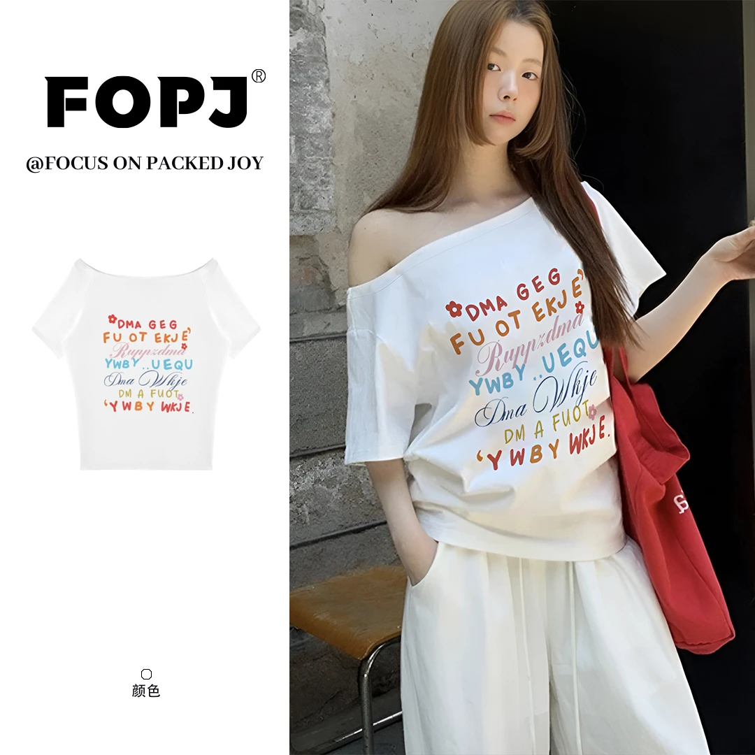 FOPJ夏季新款纯欲风斜肩短袖t恤设计感彩色字母印花宽松显瘦上衣