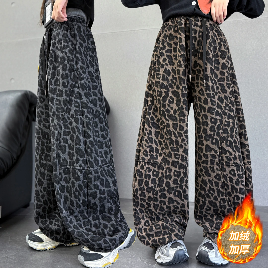 童装女童秋冬加绒休闲裤2025新款中大童豹纹加绒加厚女童加绒裤子