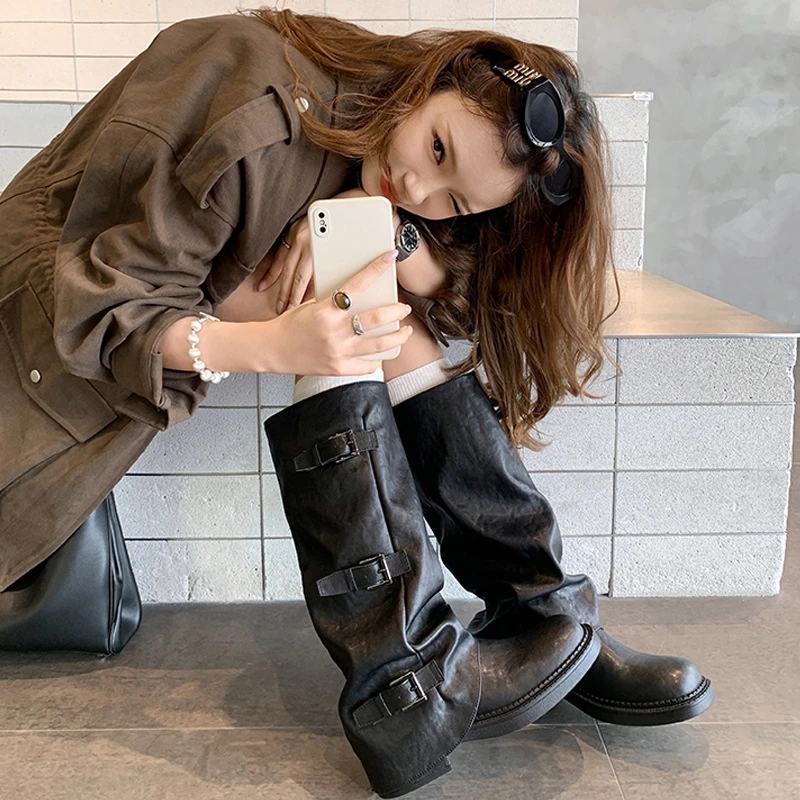 辣妹裤管靴~6.5cm增高扣带中筒西部骑士长靴女堆堆短靴时尚百搭