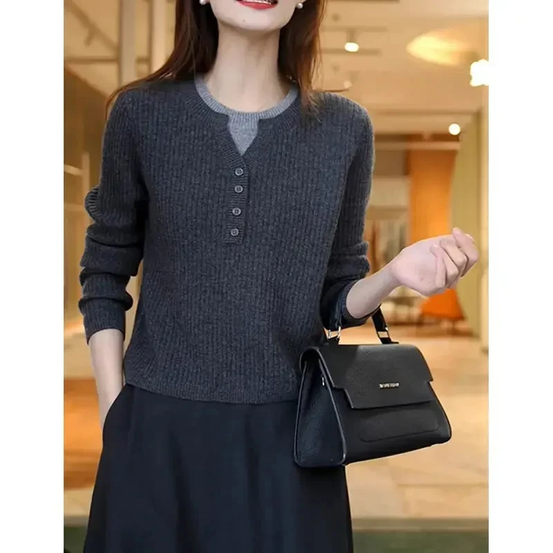 冬季撞色拼接洋气减龄设计感假两件长袖针织衫百搭内搭打底衫上衣