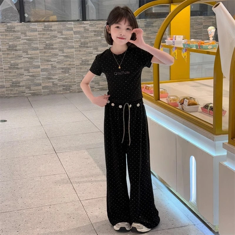 女童韩版时尚修身烫钻上衣垂感直筒阔腿裤两件套2025年夏季新款潮