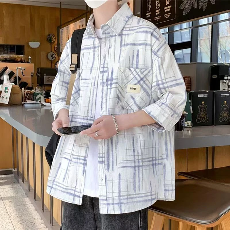 夏季新款青少年七分袖透气衬衫男夏格子短袖衬衣薄外套男宽松休闲