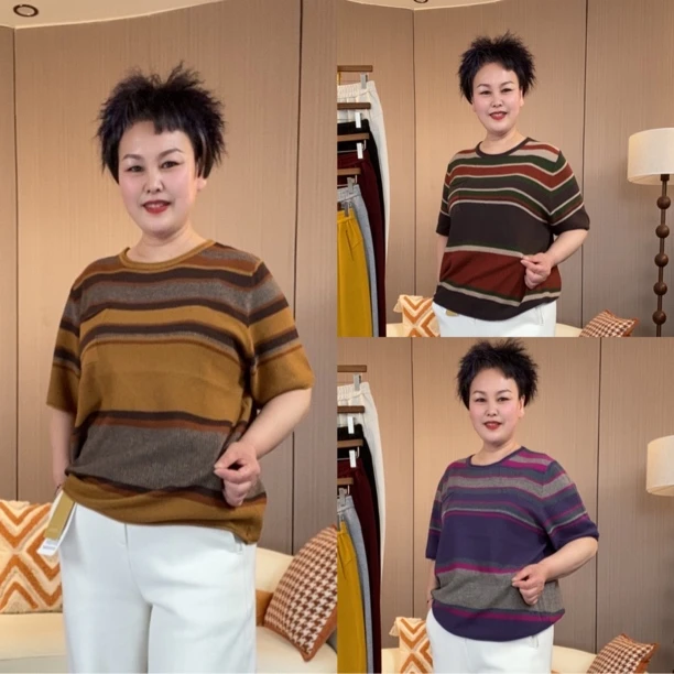 宽松休闲卷边口袋中袖t恤女夏季新款时尚减龄彩条拼色圆领套头衫