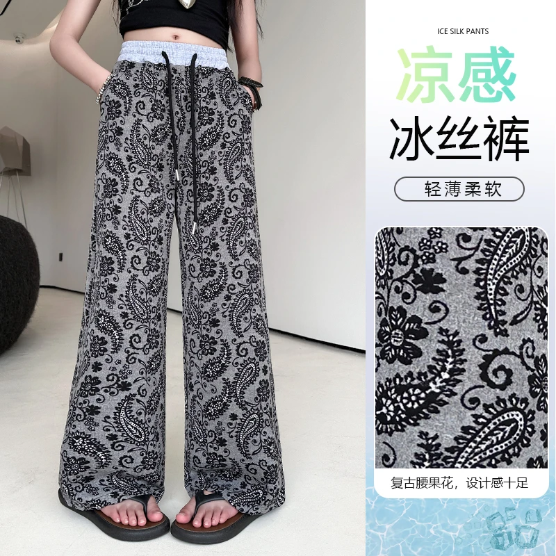 女大童裤子夏季薄款复古印花阔腿裤女宝宽松直筒凉感高腰休闲长裤