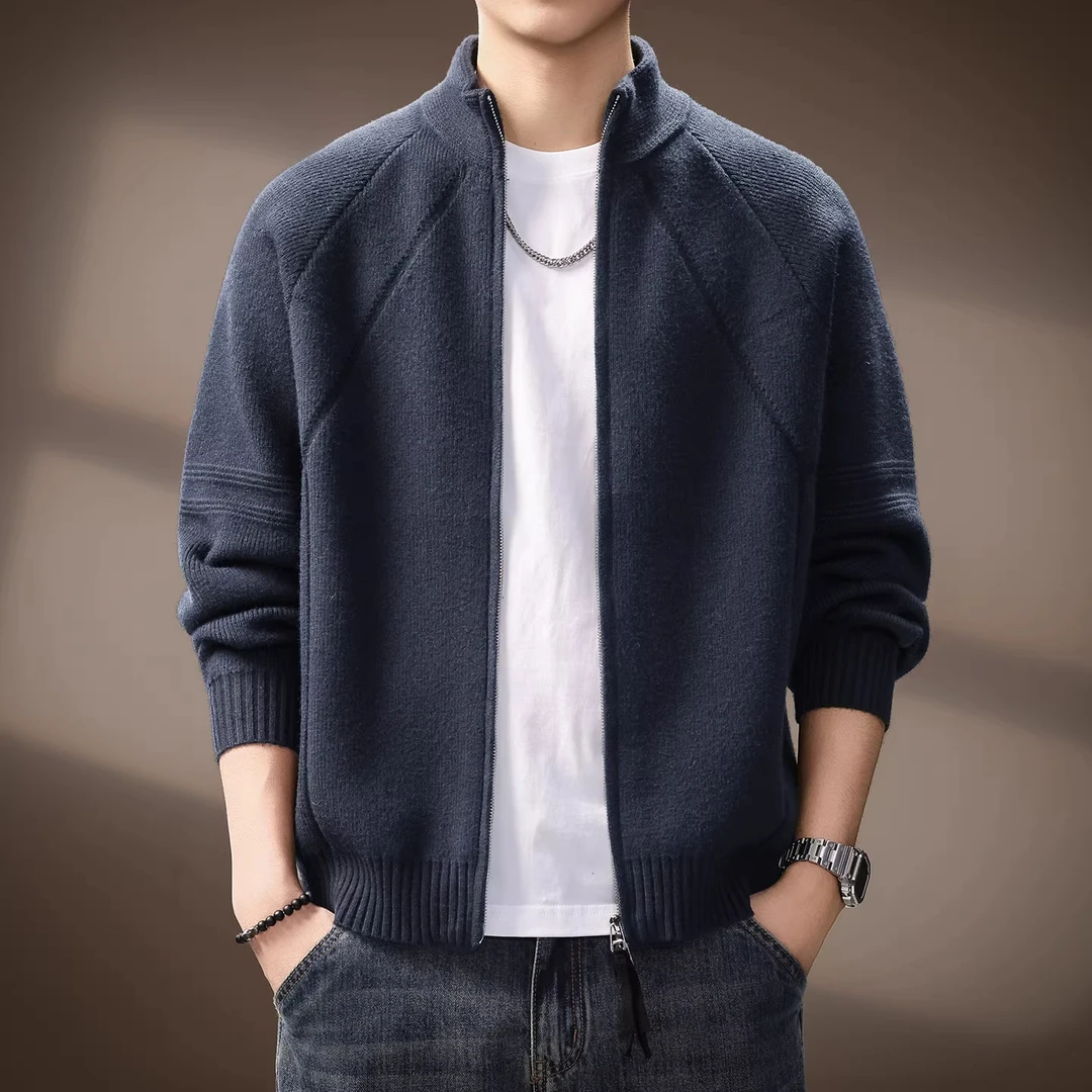 美式复古7针重磅开衫毛衣男士秋冬新款双拉链半高领针织衫外套潮
