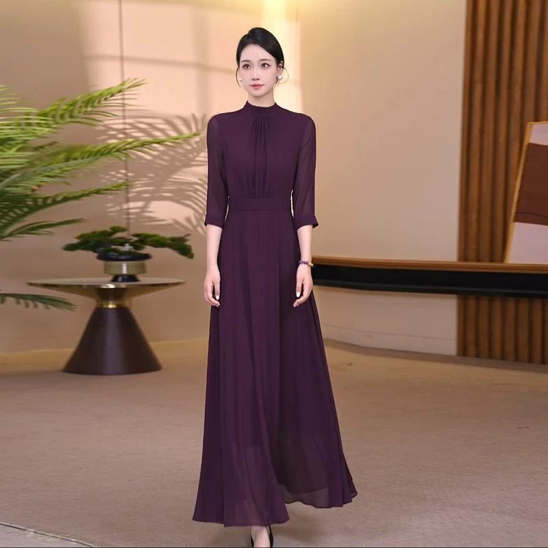 长袖雪纺2025秋款连衣裙减龄显瘦气质收腰女装贵夫人洋气长裙连衣