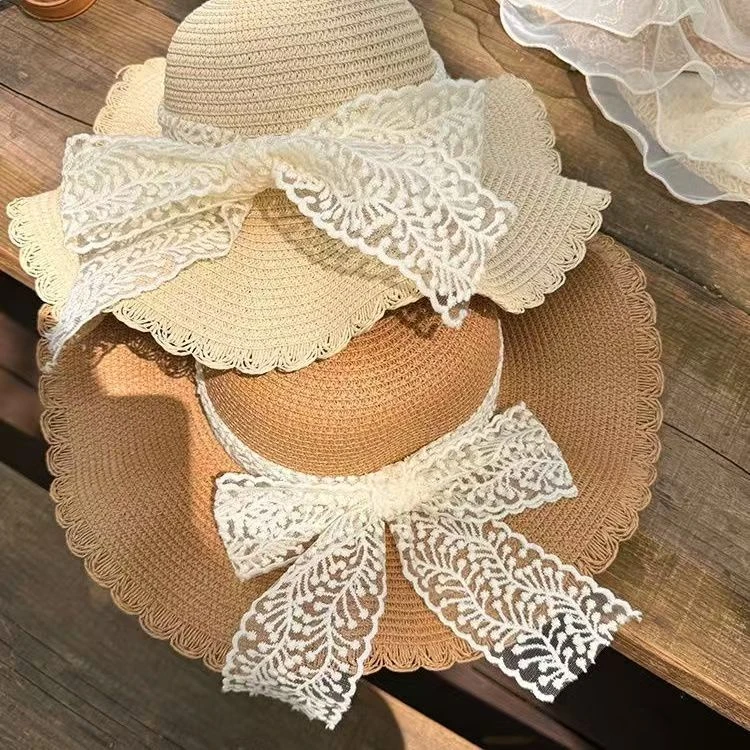 Muusu波浪边蕾丝蝴蝶结草帽大帽檐遮阳度假LY0034(商家承担运费)