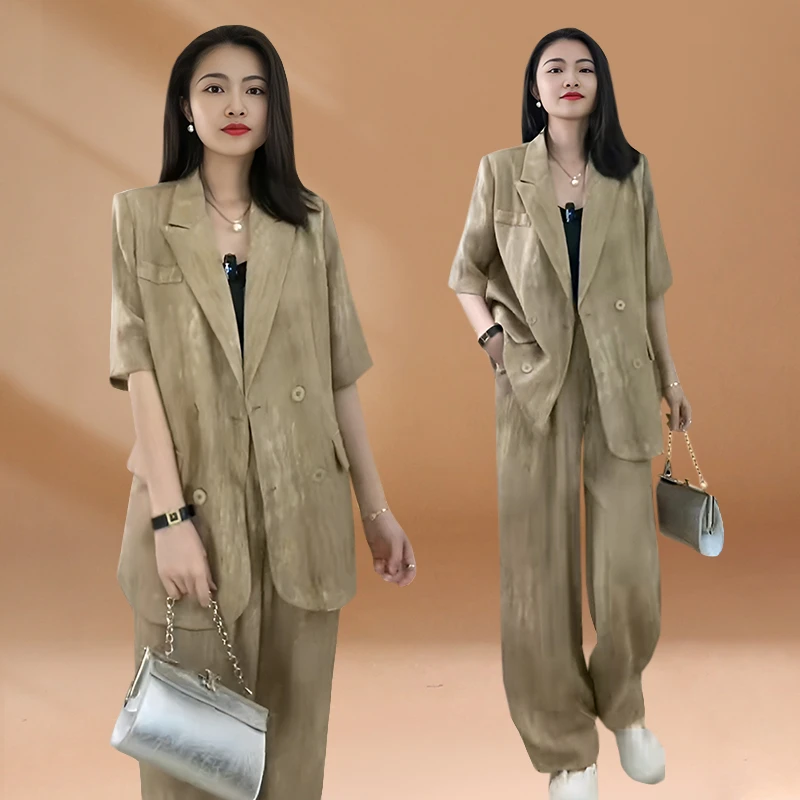 夏季成套搭配梨型身材西装套装女气质休闲大码直筒裤子西服两件套