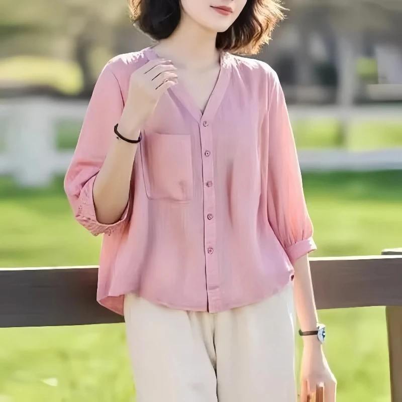 夏季新款百搭V领衬衫遮肉显瘦遮肚子七分袖衬衣上衣女