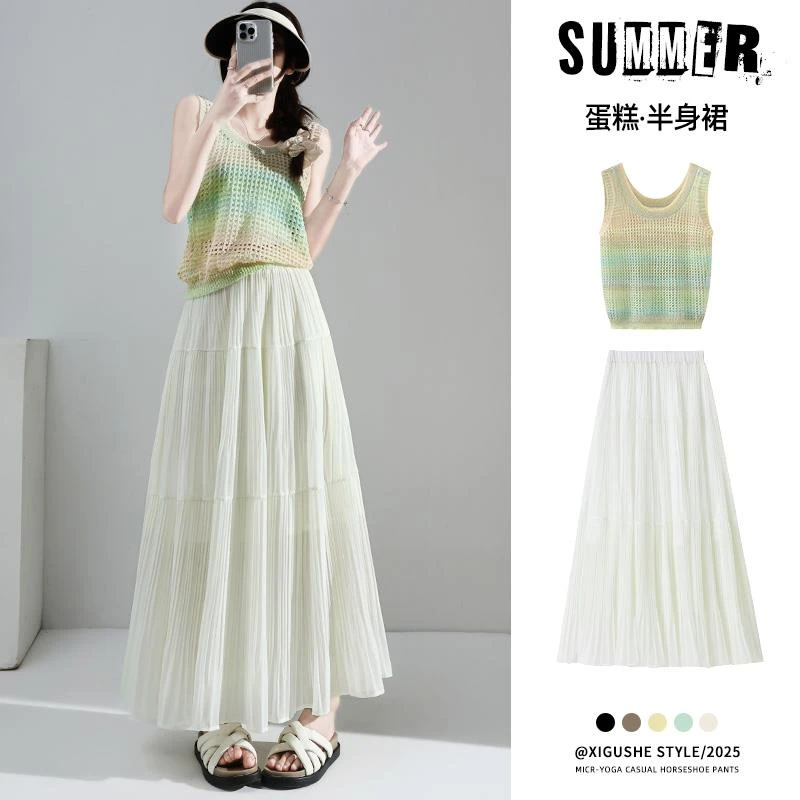 雪纺半身裙女夏季2025新款高腰大摆飘飘百褶a字伞裙中长款蛋糕裙