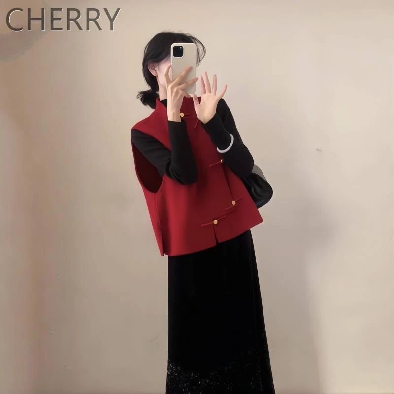 红色系穿搭一整套女2025秋冬新款新中式国风高级感马甲半身裙套装