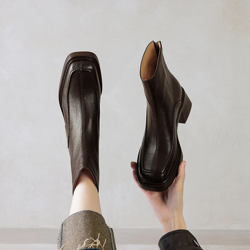 5.5cm/小羊皮粗跟高跟瘦瘦短靴女2025秋冬新款方头马丁靴