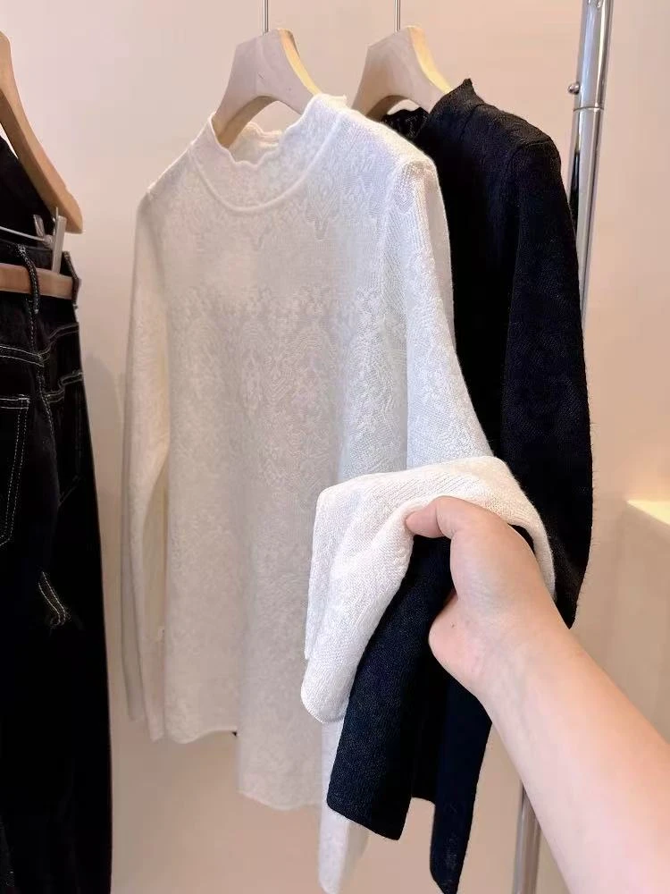 QIANRH-1451半高领蕾丝提花设计感羊毛针织打底衫