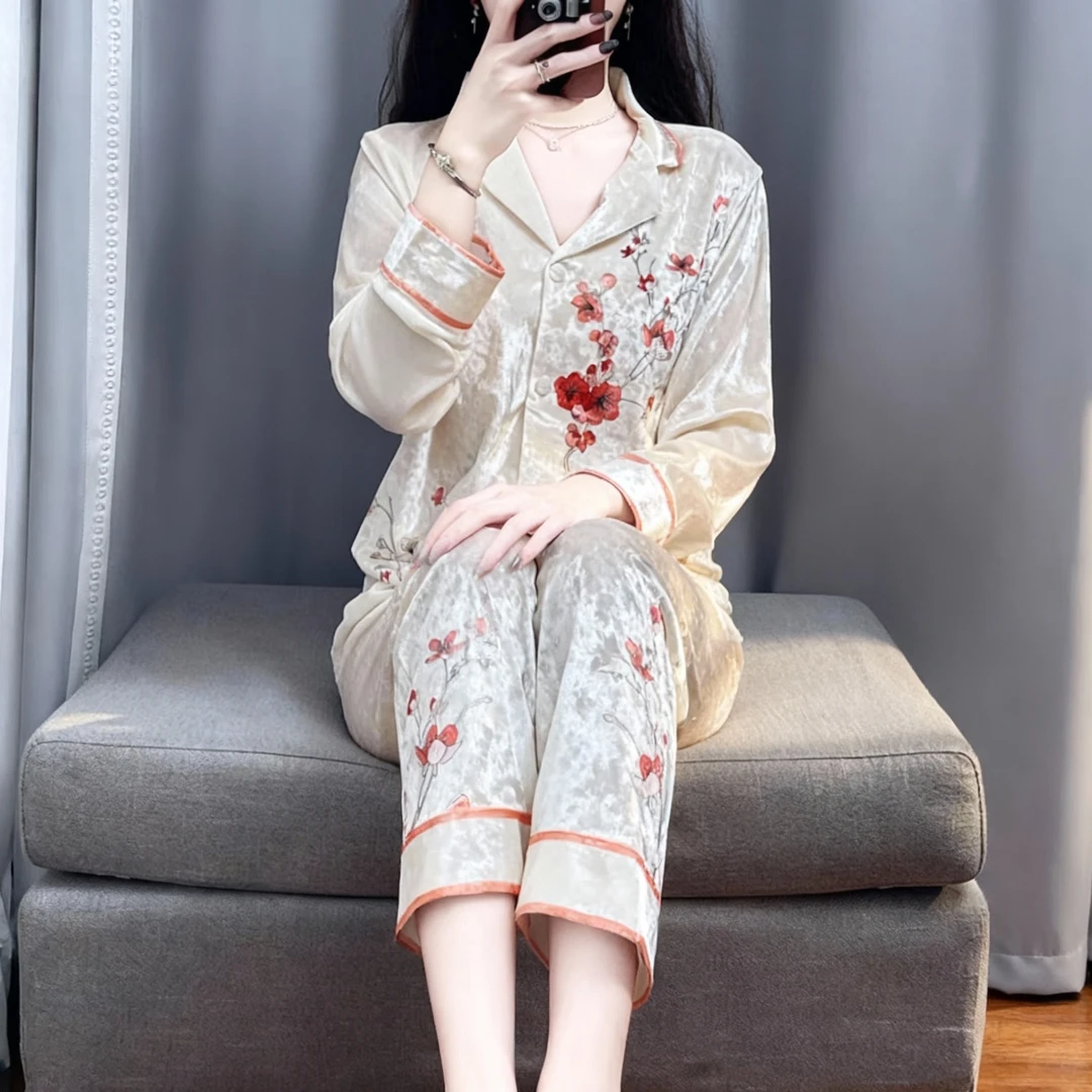 TPVL新中式中国风丝绒睡衣女秋冬季长袖家居服套装2025新款可外穿