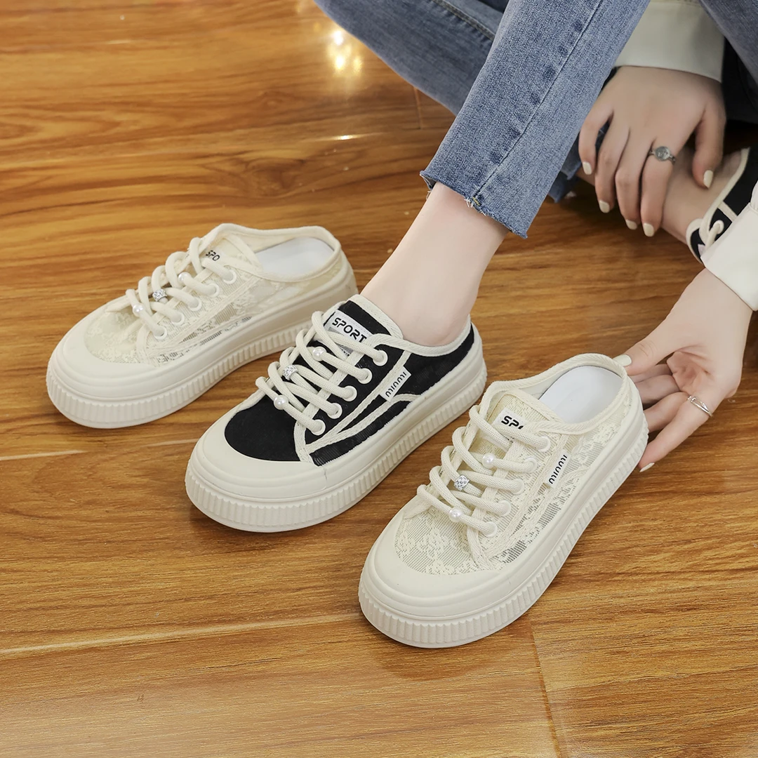 2025春夏季新款蕾丝帆布半拖女外穿厚底包头无后跟半拖女鞋