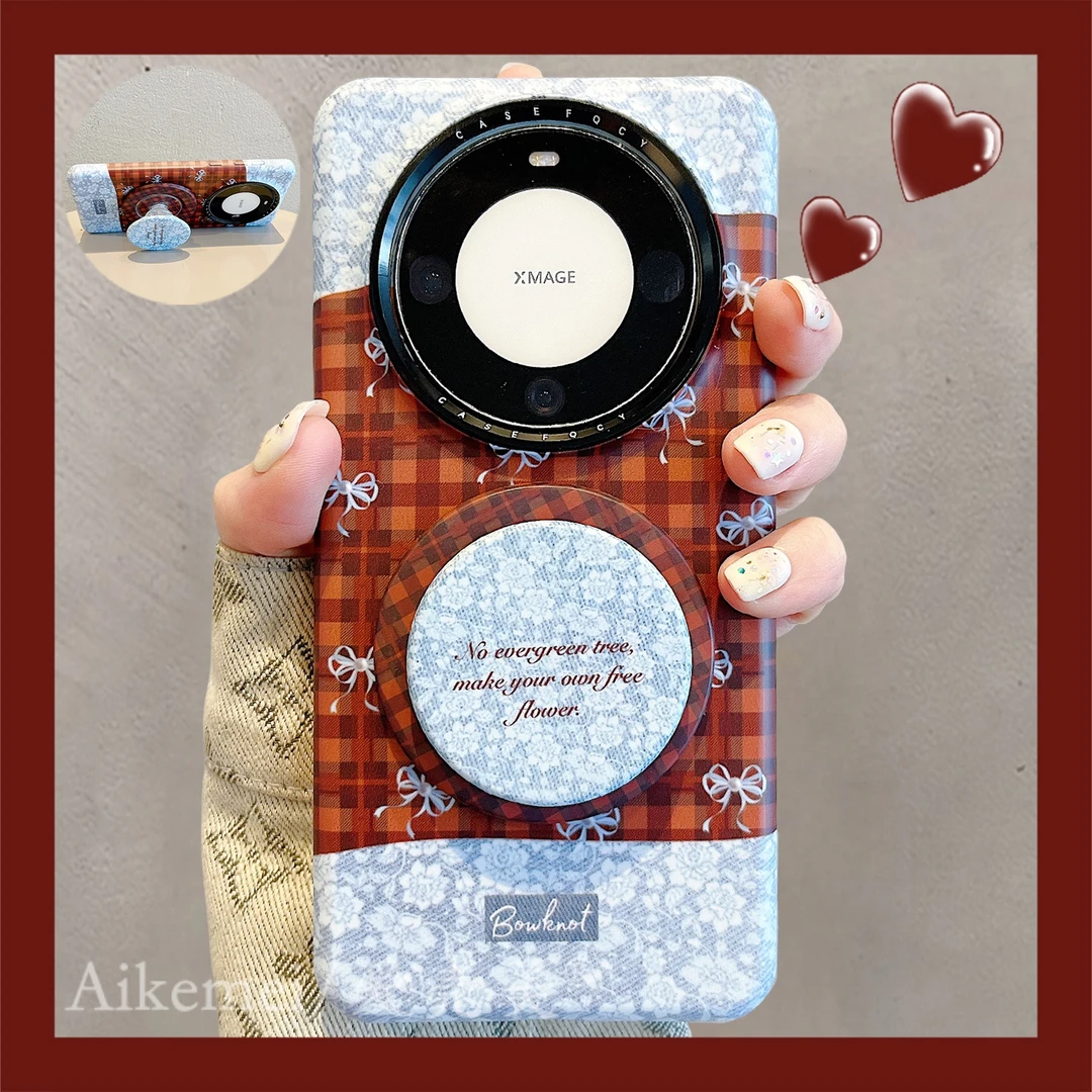 适用华为mate70pro+手机壳菲林格纹mate60pro+蝴蝶结碎花磁吸支架