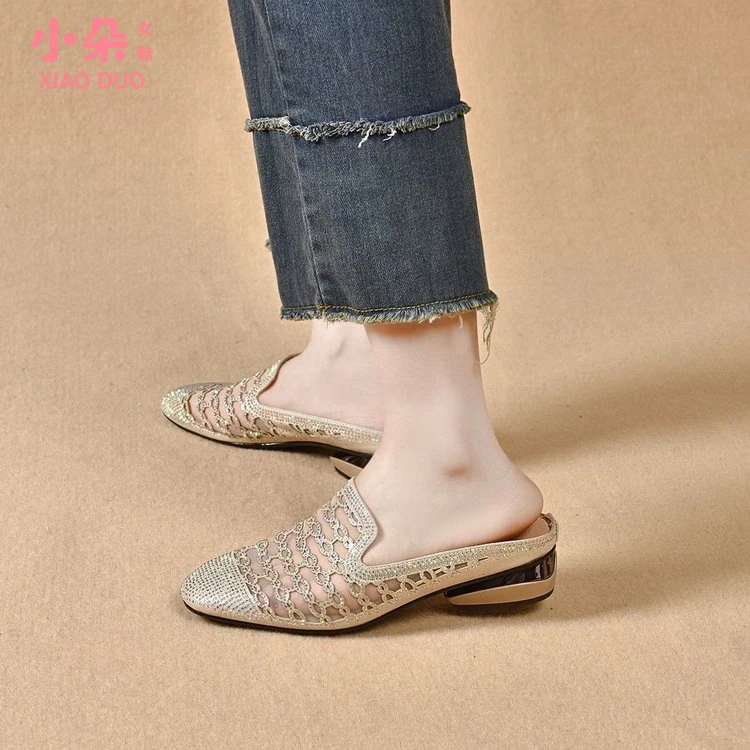 夏季包头拖鞋凉拖女粗跟大码鞋子水钻中跟外穿休闲网纱透气新款