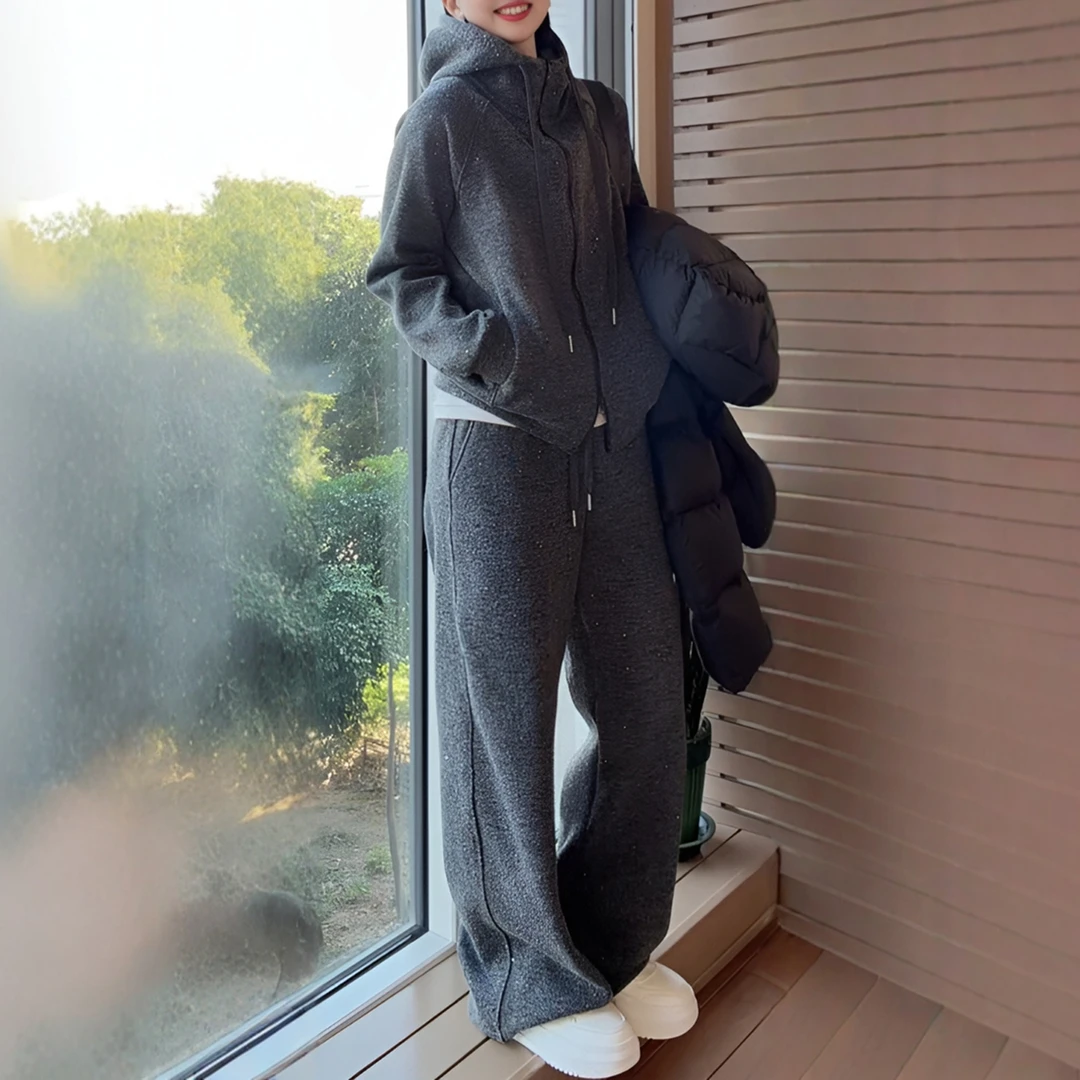 简约风时尚套装拉链加绒连帽外套女2025冬季新款洋气休闲裤两件套