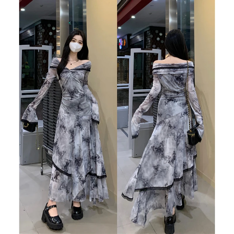 大码2025春夏新款胖mm设计感不规则小众一字肩连衣裙法式长裙子女