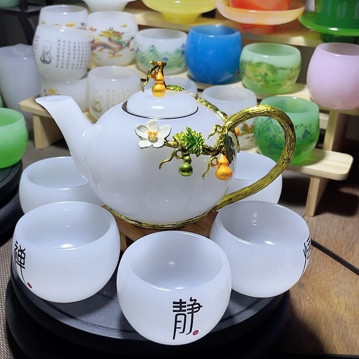 琉璃中式珐琅彩福禄如意一壶六杯礼盒套装