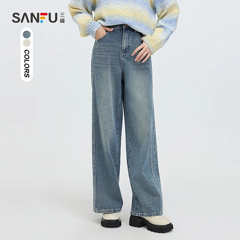 三福牛仔长裤2025春季实用口袋宽松阔腿裤时尚裤子女装495473