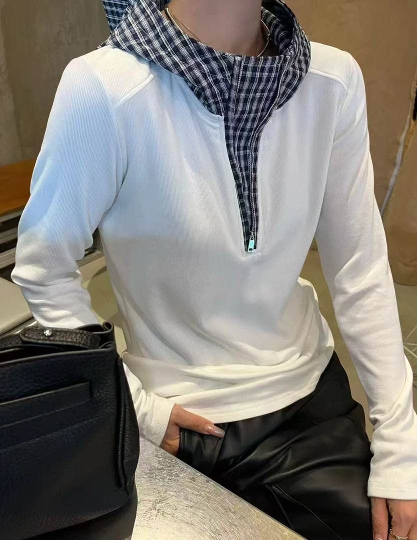 Manmi   设计款格纹拼接连帽上衣  2608（C3）