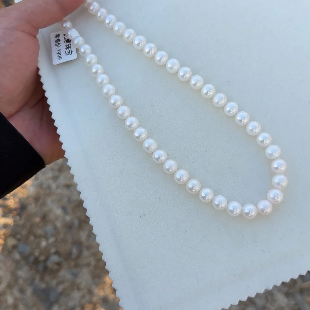 银S925镶嵌淡水珍珠颈饰8-9无核正圆无暇冷白