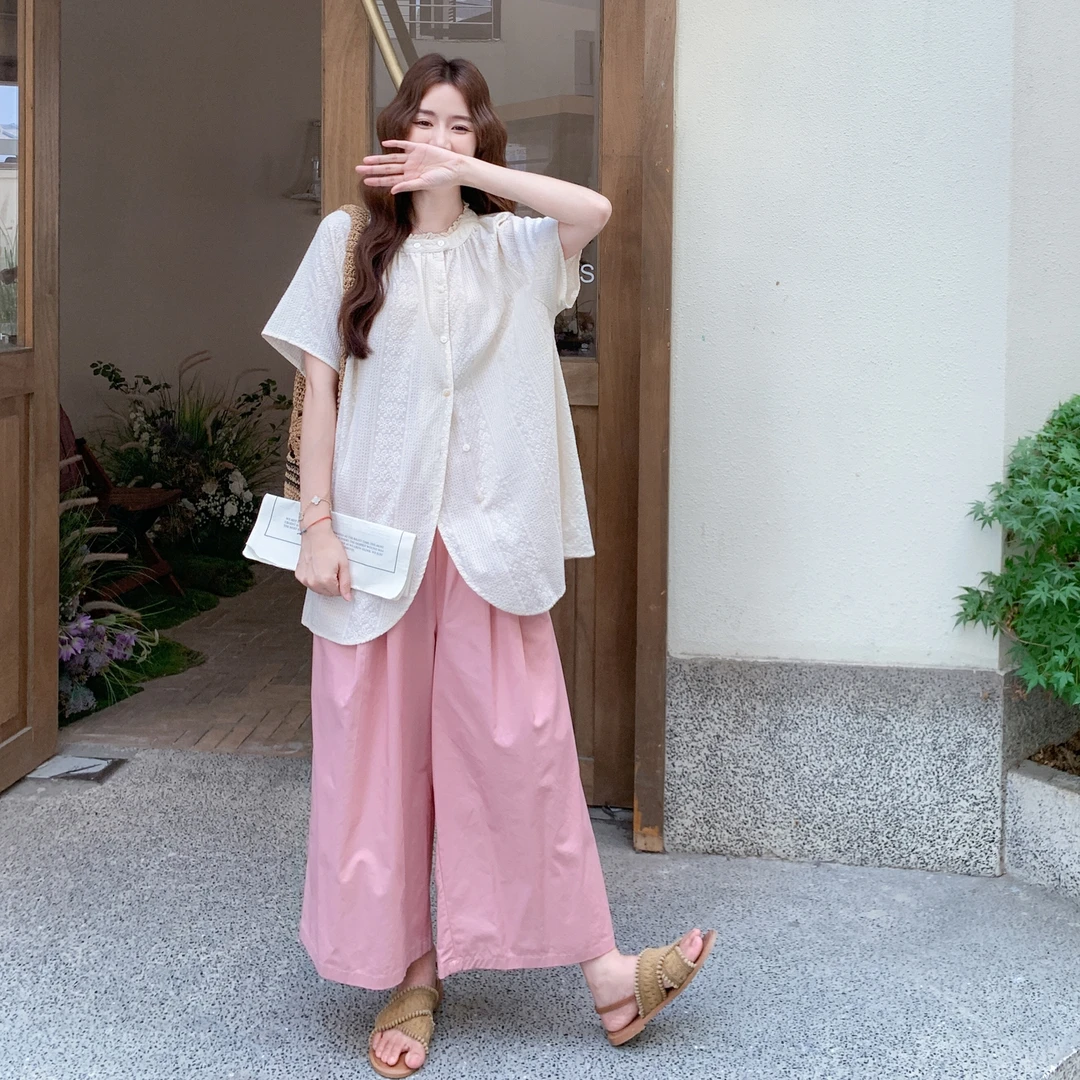 甜美氛围感套装裤女2025年夏季新款休闲衬衫上衣粉色阔腿裤两件套