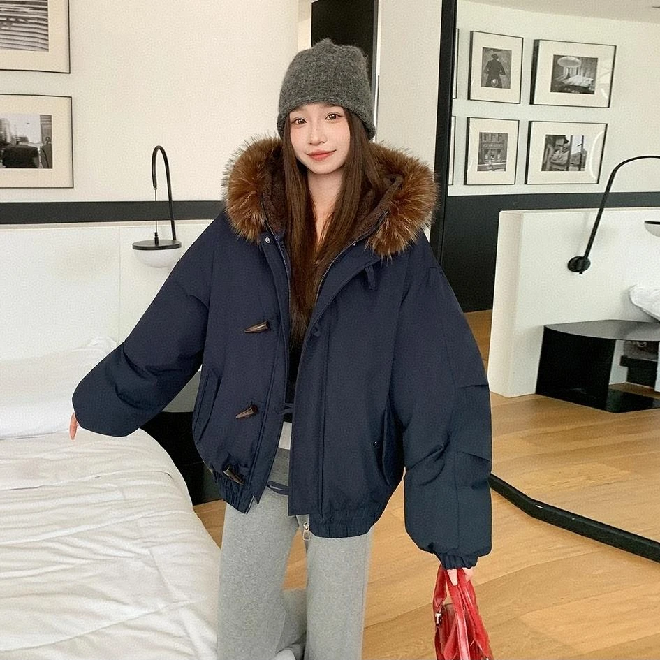 牛角大毛领美式加厚宽松棉衣保暖2025冬季新款连帽翻领棉服外套