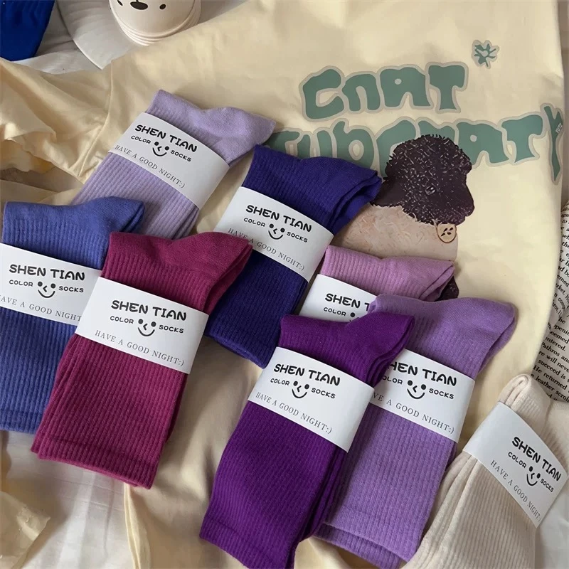 紫色长袜子女ins中筒袜纯色棉袜百搭韩国舞蹈不掉筒搭配鲨鱼裤