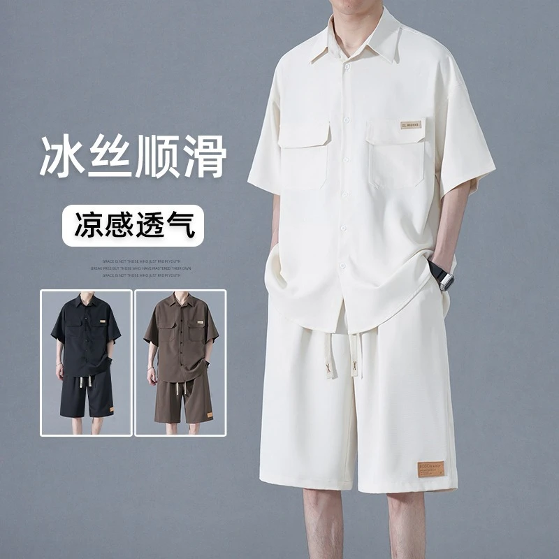夏季休闲潮流短袖衬衫套装男宽松港风胖子大码五分短裤运动两件套