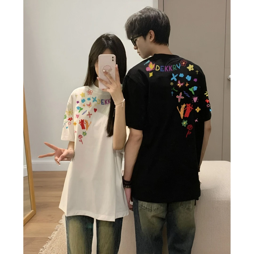 美式男女同款花卉复古休闲宽松夏季短袖T恤ins风重磅纯棉情侣上衣