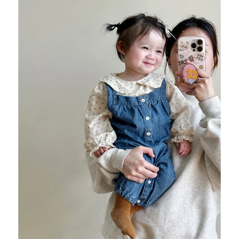 2025春季新款韩版婴幼儿牛仔背带连体裤女宝宝裤子休闲爬服外出服